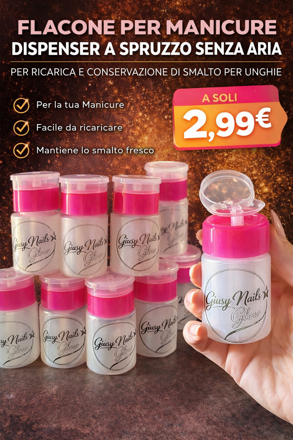 Flacone per Manicure 60 ml – Dispenser a Spruzzo Senza Aria
